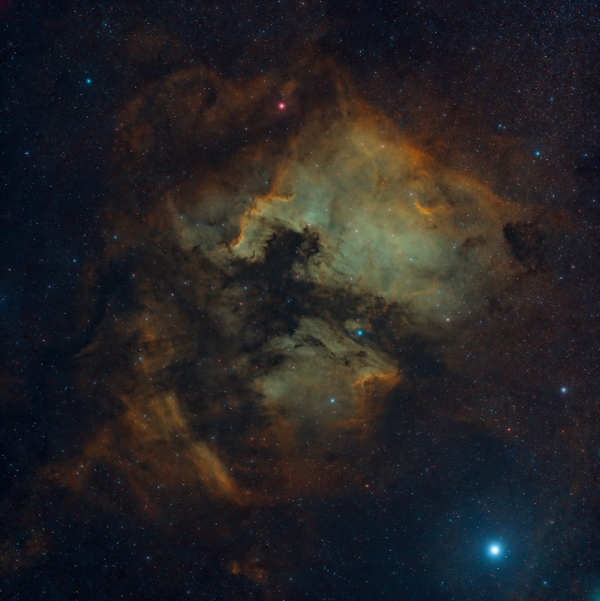 North the America Nebula NGC 7000 and the Pelican Nebula IC 5070, are emission nebulas in the constellation Cygnus, close to Deneb (the tail of the swan and its brightest star). The shape of the nebula resembles that of the continent of North America, complete with a prominent Gulf of Mexico. At the lower part of the picture one can see the pelican head of the pelican nebula.